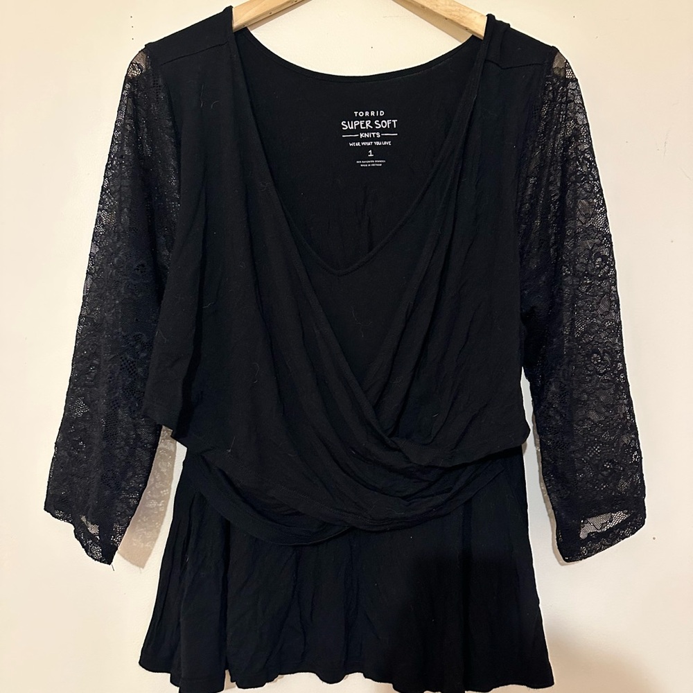 Torrid Black Wrap Fitted Blouse with 3/4 Sleeves